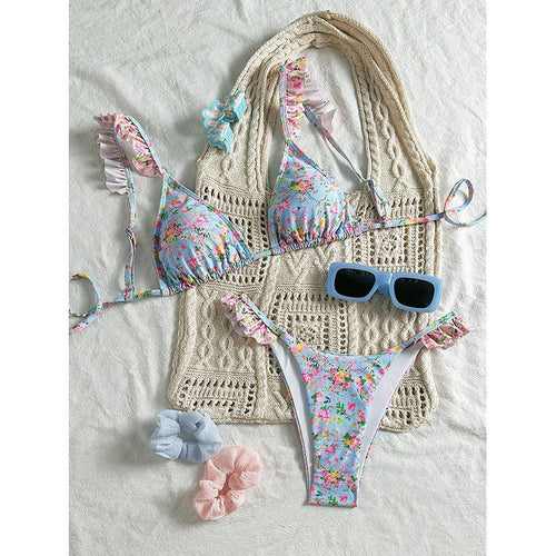 Damen Triangel-Bikini mit verspieltem Rüschendesign und floralem Muster Drune