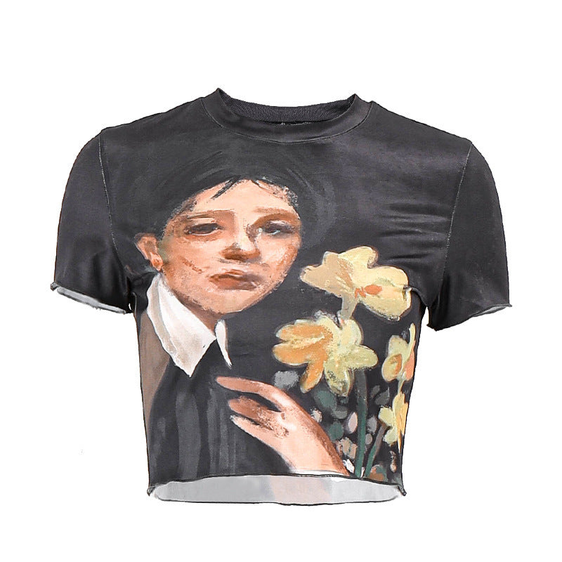 Damen cropped T-Shirt mit künstlerischem Druck und figurbetonter Passform Drune