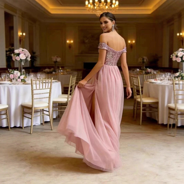 Damen Elegantes Abendkleid mit schulterfreiem Design und funkelnden Applikationen Drune
