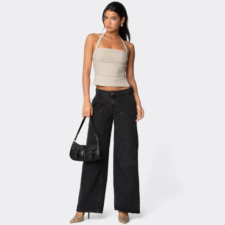 Damen Weit geschnittene Utility-Jeans mit praktischen Taschen und hohem Bund Drune