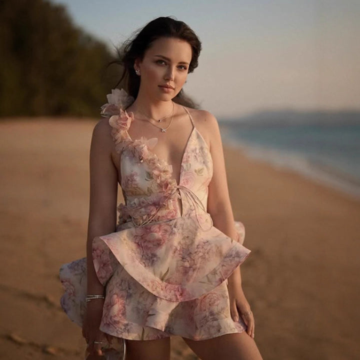 Damen Rüschenkleid mit floralem Design und tiefem V-Ausschnitt Drune