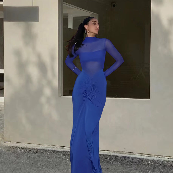 Damen Elegantes Maxikleid mit transparenten Ärmeln und raffinierter Drapierung Drune