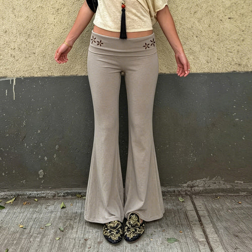 Damen nan Yogahose Flared mit Umschlagbund, komfortable Bootcut-Passform und Laser-Cut Blütendetail Drune