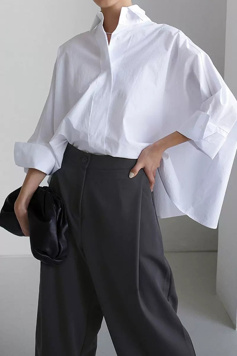 Damen modische Oversized-Bluse aus hochwertiger Baumwolle mit lässigem Schnitt und Stehkragen Drune
