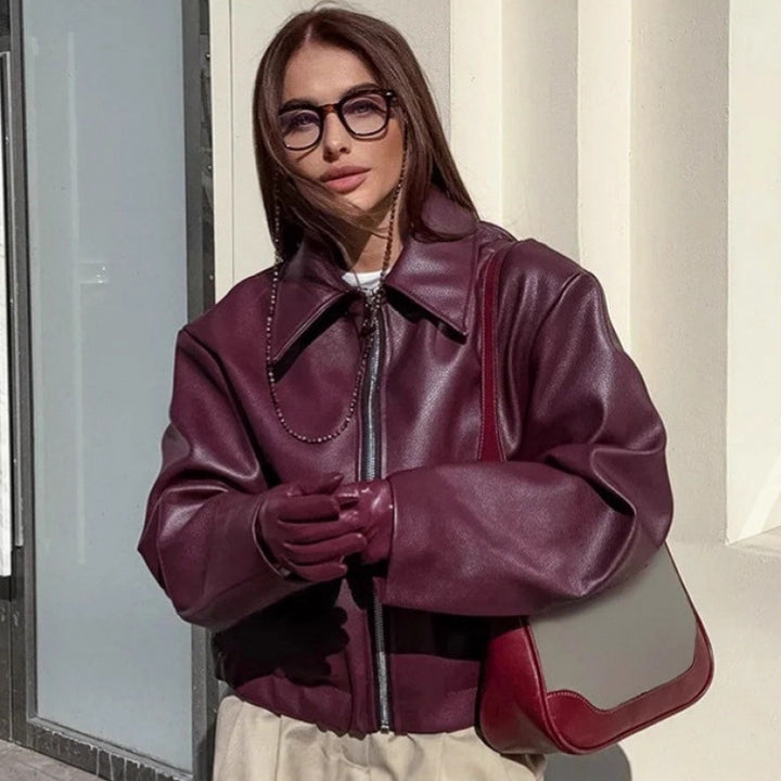 Damen modische Kunstlederjacke mit schlichter Eleganz und praktischen Taschen Drune