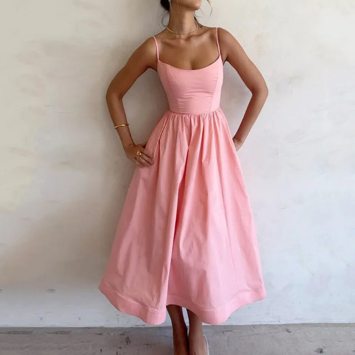 Damen Midi-Kleid mit schmalen Trägern und fließendem Rock Drune