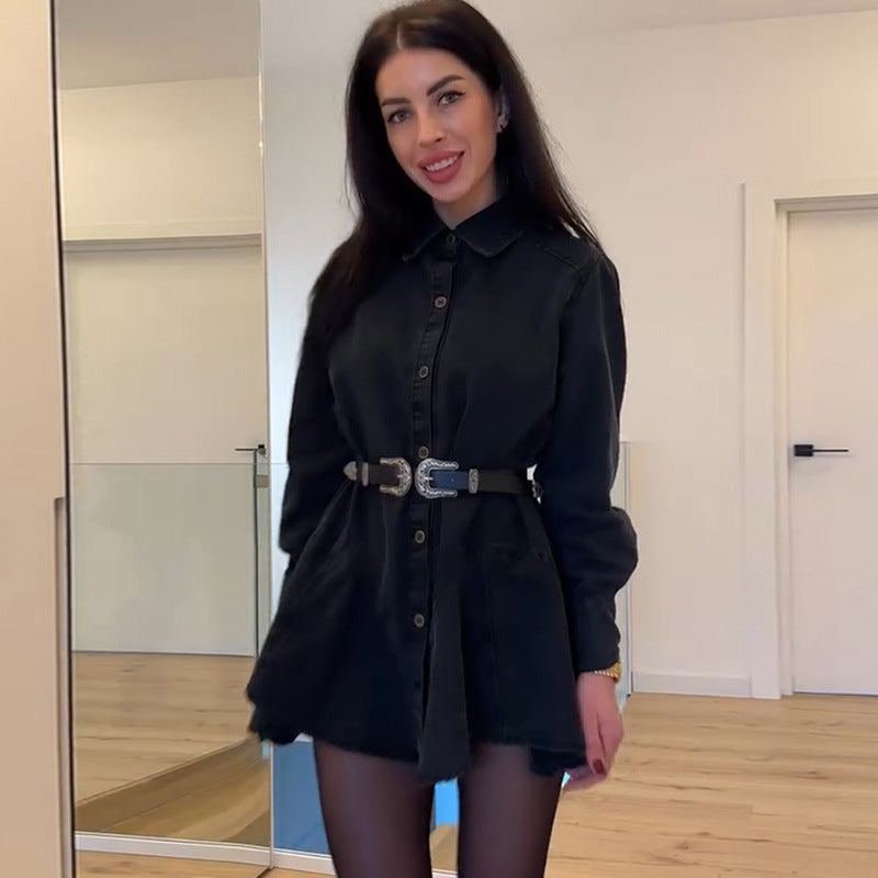 Damen Denim Knopfkleid mit tailliertem Schnitt und Gürtel Drune