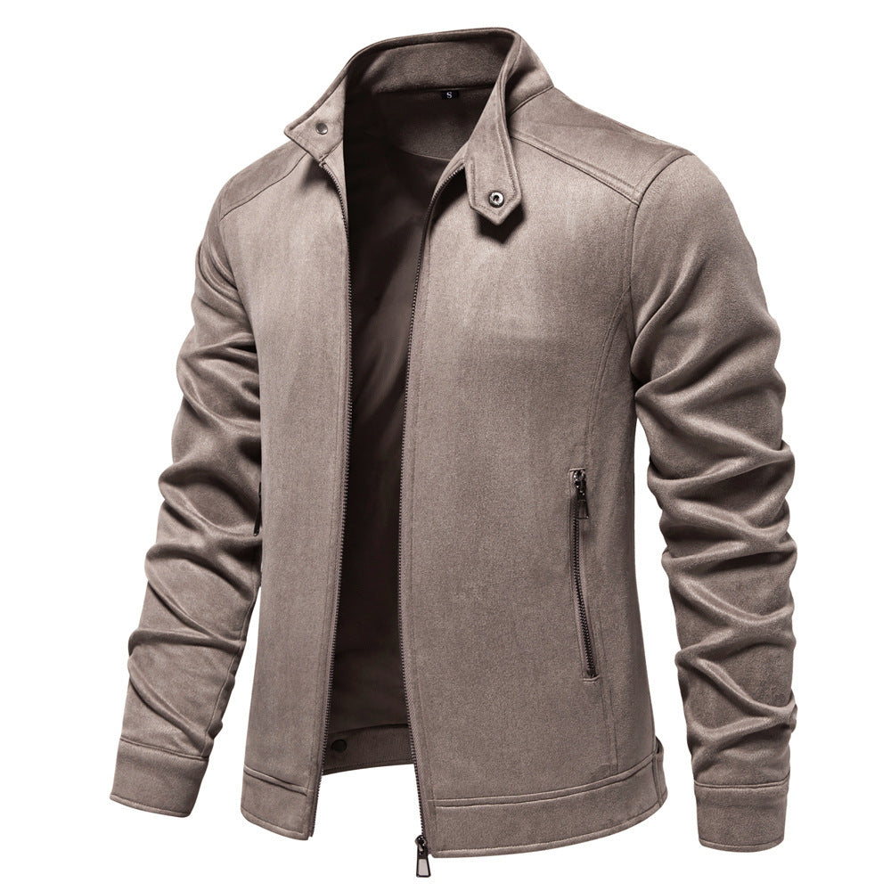 Herren nan Velourslederjacke mit Stehkragen, schmaler Passform und Reißverschlusstaschen Drune
