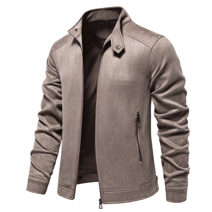 Herren nan Velourslederjacke mit Stehkragen, schmaler Passform und Reißverschlusstaschen Drune