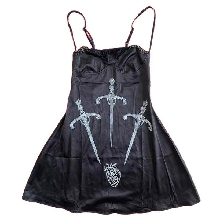 Damen Verspieltes Satin-Kleid mit Kunstgrafiken Drune