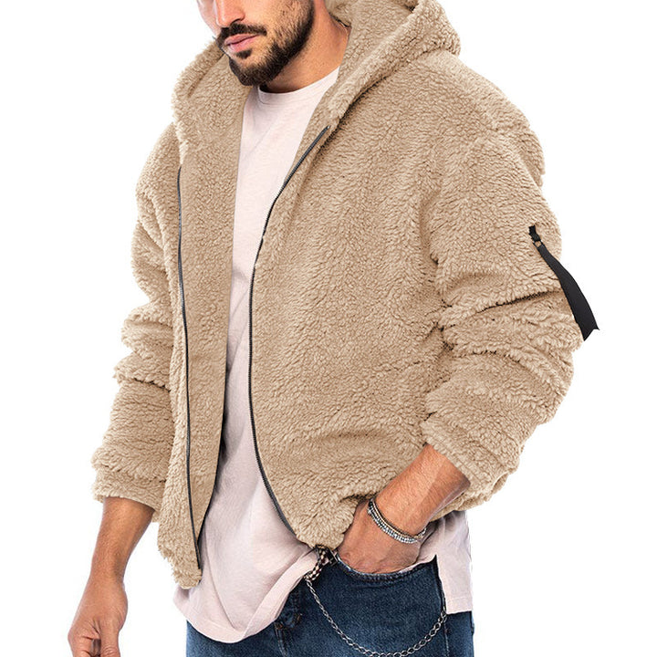 Herren nan voluminöse Sherpa-Hoodie Jacke mit Bomber-Schnitt, verdecktem Reißverschluss und Ärmeltasche Drune