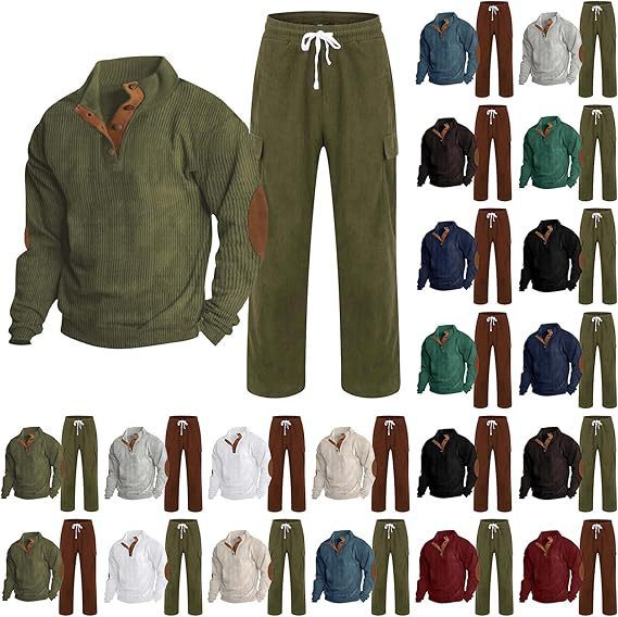 Herren nan Strick-Freizeitset mit Knopfleiste und Ellenbogenaufnähern sowie Cord-Cargohose Drune