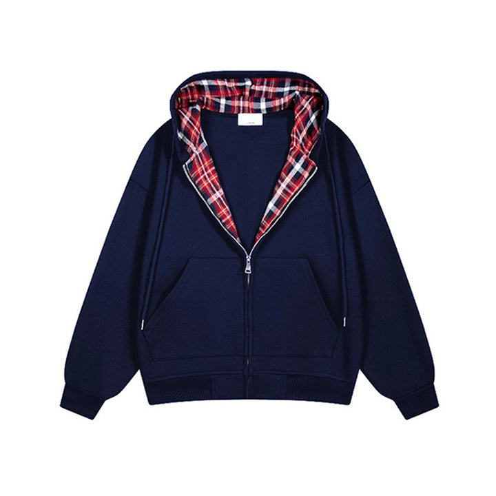Damen lässige Kapuzenjacke mit Karo-Innenfutter und durchgehendem Reißverschluss Drune