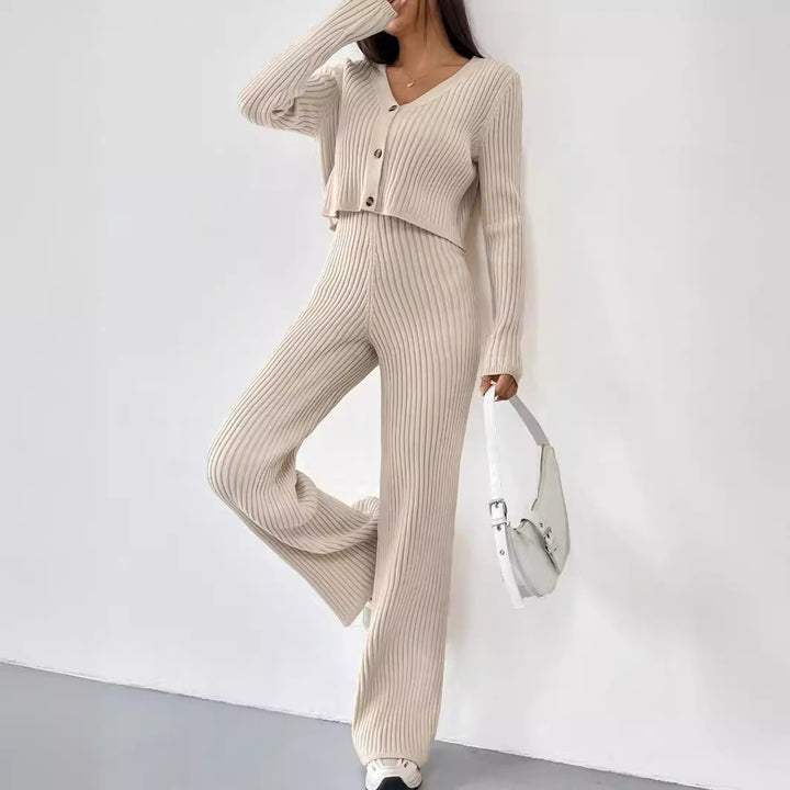 Damen Strick Set mit V-Ausschnitt und weitem Bein Drune