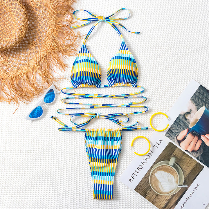Damen Bandeau-Bikini mit modischen Streifen und anpassbaren Trägersystem Drune