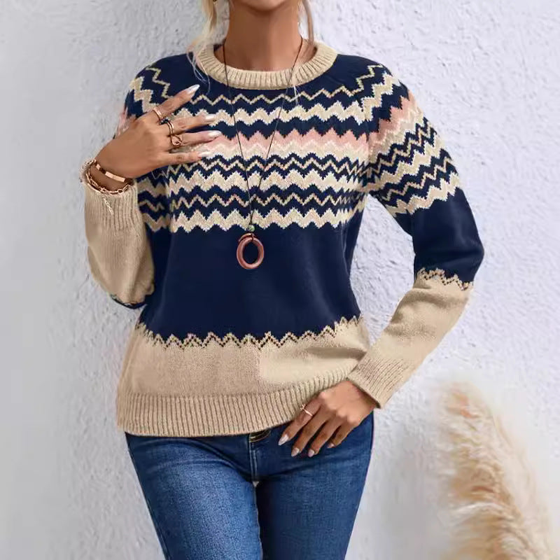 Damen trendiger Strickpullover mit geometrischem Zickzack-Muster und Rundhalsausschnitt Drune