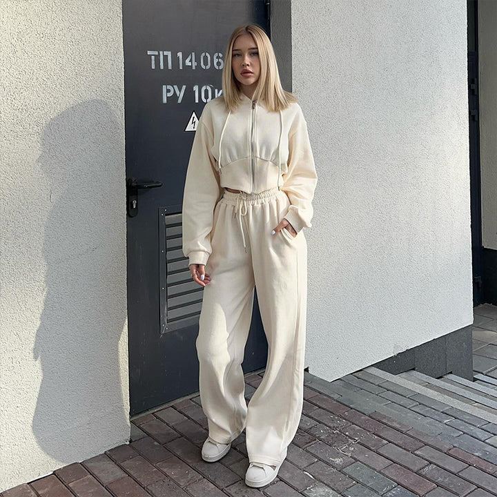 Damen kombinierter Sweat-Hoodie und Weite Hose Set Drune