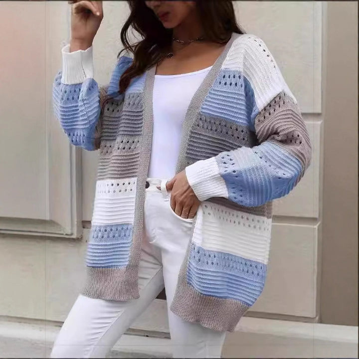 Damen Großer Strickcardigan mit einzigartigem Lochmuster und Farbblockdesign Drune
