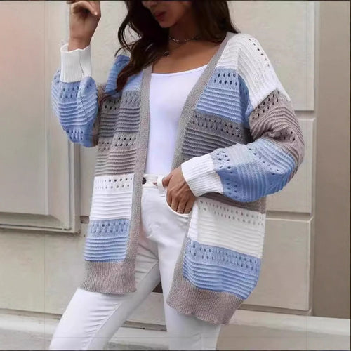 Damen Großer Strickcardigan mit einzigartigem Lochmuster und Farbblockdesign Drune