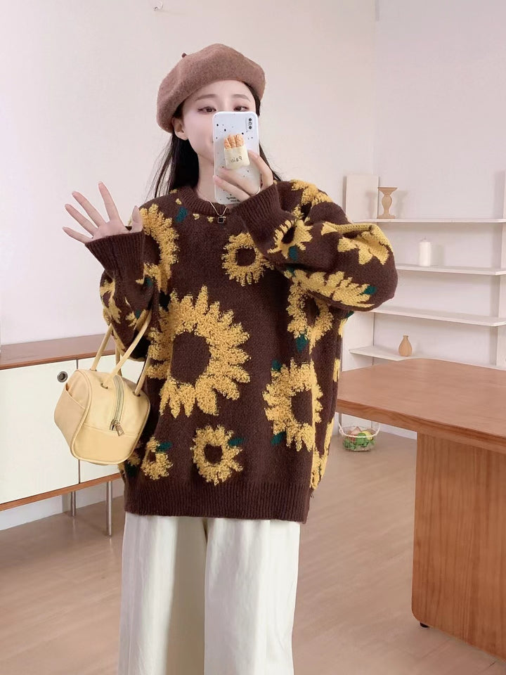 Damen Grobstrickpullover mit floralen Applikationen Drune