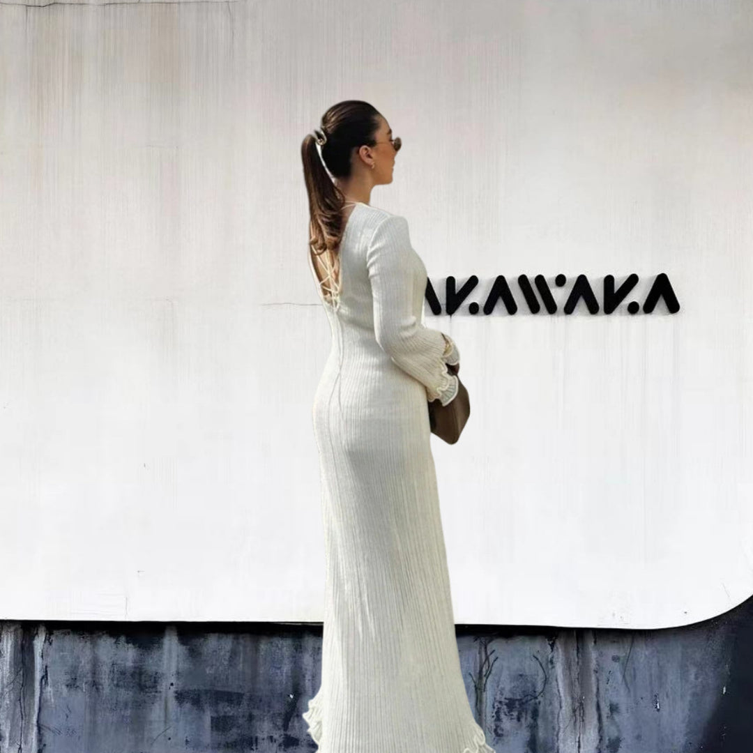 Damen Elegantes Maxikleid mit raffiniertem Rippdesign und fransigen Ärmeln Drune