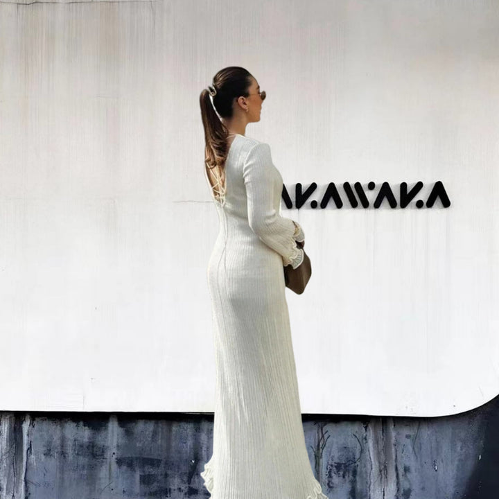 Damen Elegantes Maxikleid mit raffiniertem Rippdesign und fransigen Ärmeln Drune