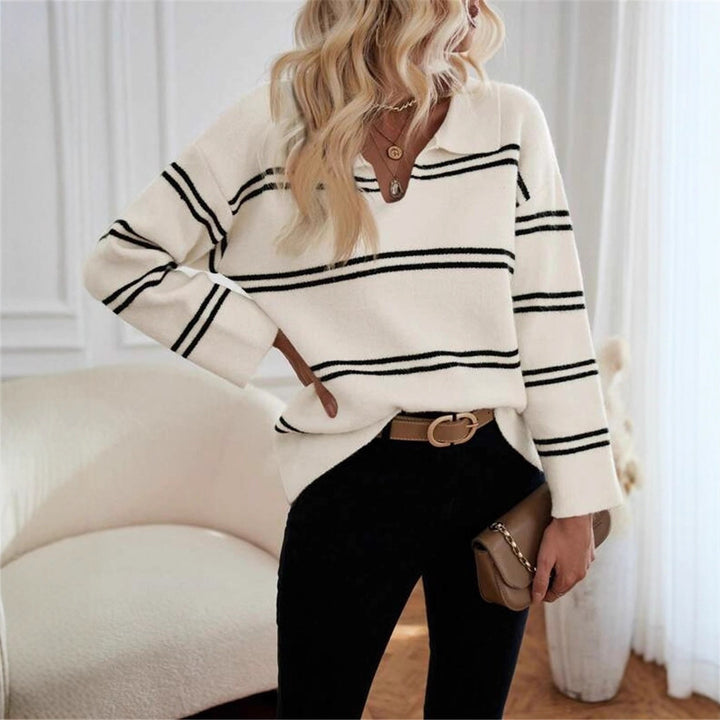 Damen lässiger Pullover mit Polo-Kragen und gestreiftem Design Drune