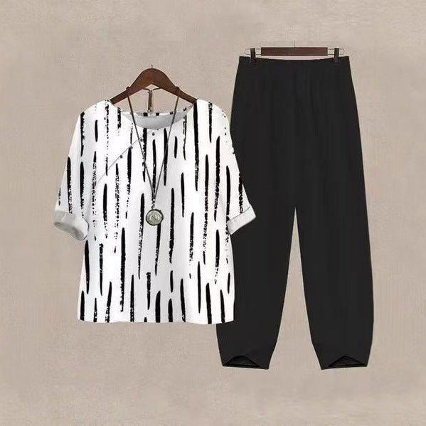 Damen nan weites Shirt mit Pinselstrichmuster, überschnittener Schulter und elastischer Komforthose mit Gummizug Drune
