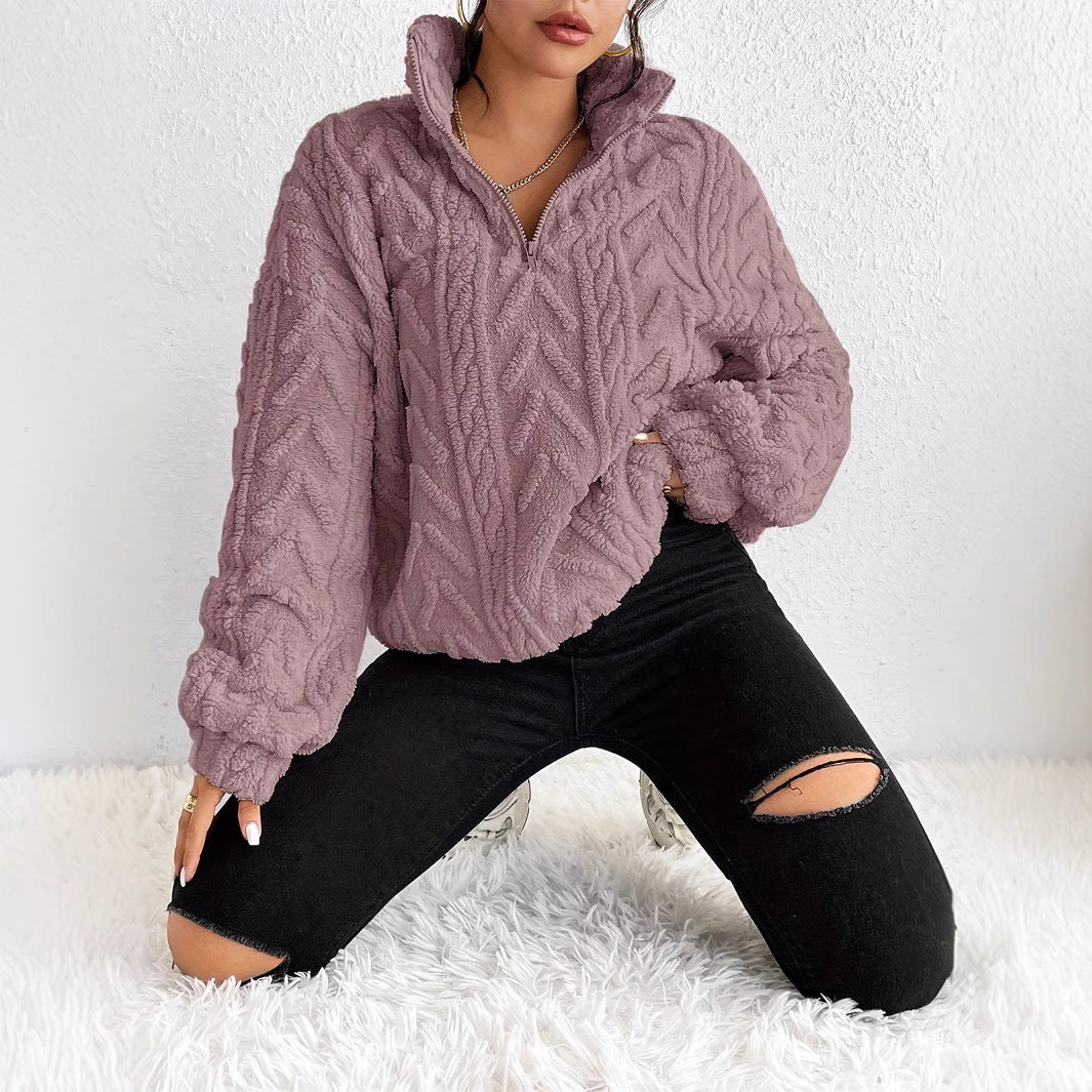 Damen gemütlicher Fleece-Pullover mit halbem Reißverschluss und strukturiertem Muster Drune