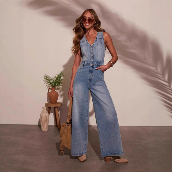 Damen Weitgeschnittene Denim-Latzhose mit Knopfdetails und regulierbarem Bund Drune