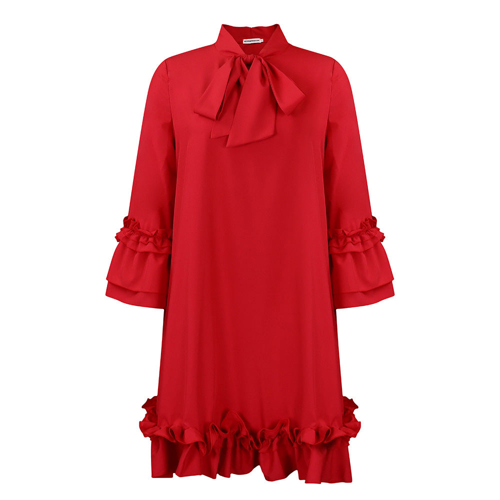 Damen Tunika-Kleid mit eleganten Rüschen und schickem Schleifenkragen Drune