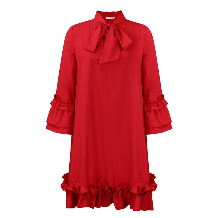 Damen Tunika-Kleid mit eleganten Rüschen und schickem Schleifenkragen Drune