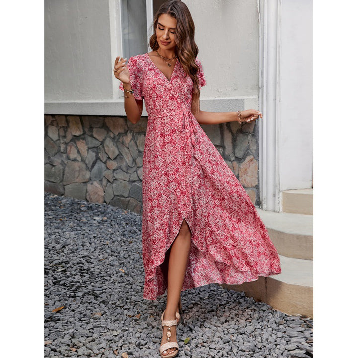 Damen High-Low Wickel Maxi Kleid mit Bindungsdetail Drune