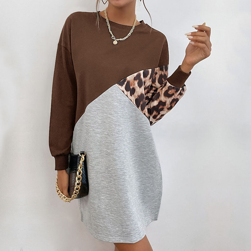 Damen lässiges Sweatkleid mit tierischem Muster und modischem Farbblock-Design Drune