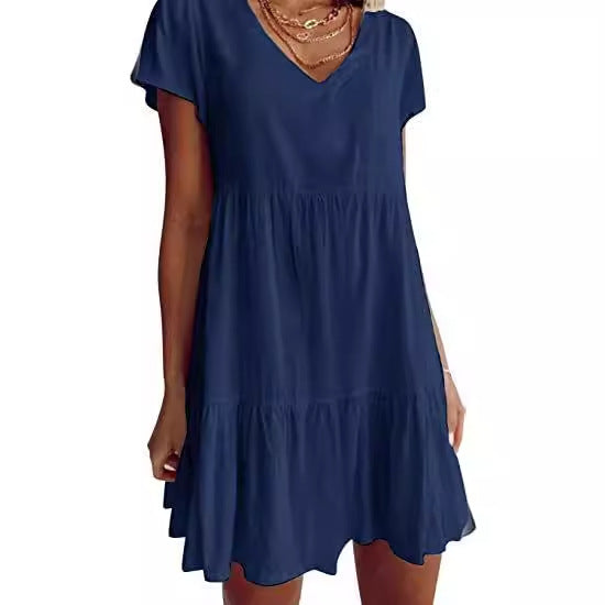 Damen lässiges und leichtes Sommerkleid mit V-Ausschnitt und voluminösem Rock Drune