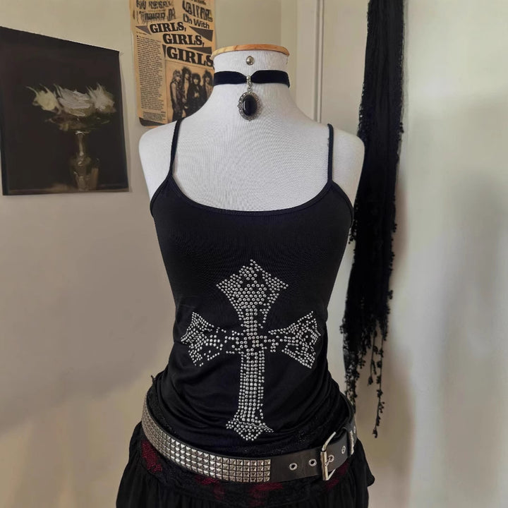 Damen stylisches Tanktop mit Kristallkreuz-Design Drune