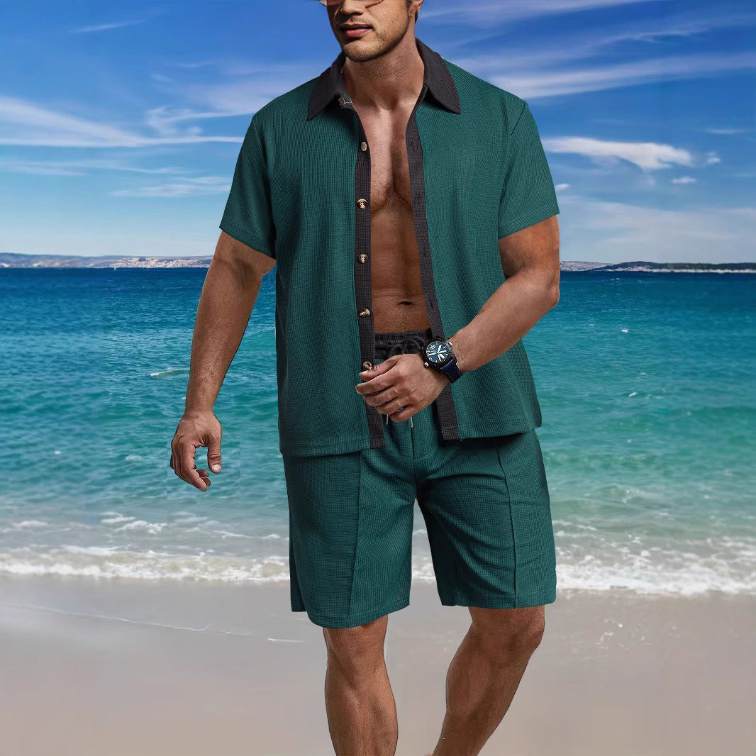 Herren nan modernes Freizeit-Set aus feinem Strukturjersey mit Hemdkragen-Knopfleiste und Kordel-Shorts Drune