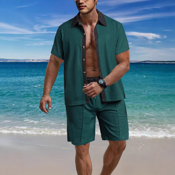 Herren nan modernes Freizeit-Set aus feinem Strukturjersey mit Hemdkragen-Knopfleiste und Kordel-Shorts Drune