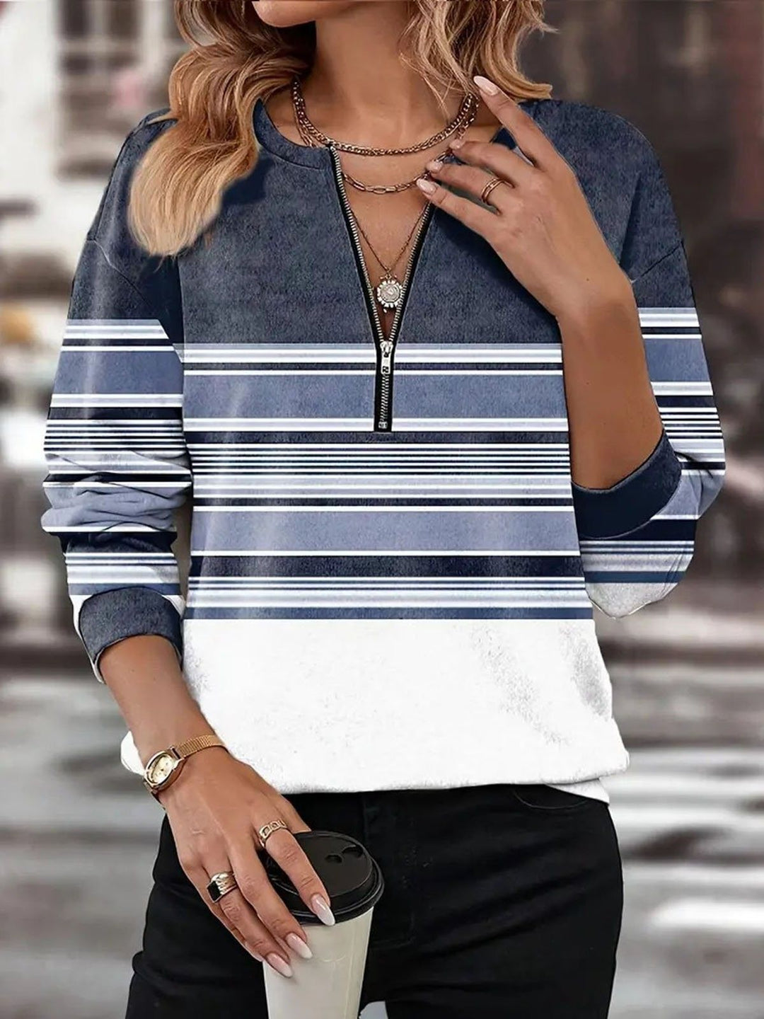 Damen nan Casual Sweatshirt mit kurzem V-Reißverschluss, grafischem Blockmuster und legerer Passform Drune