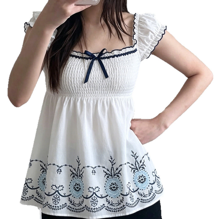 Damen Baumwollbluse mit floralem Stickdesign und schickem Rüschensaum Drune