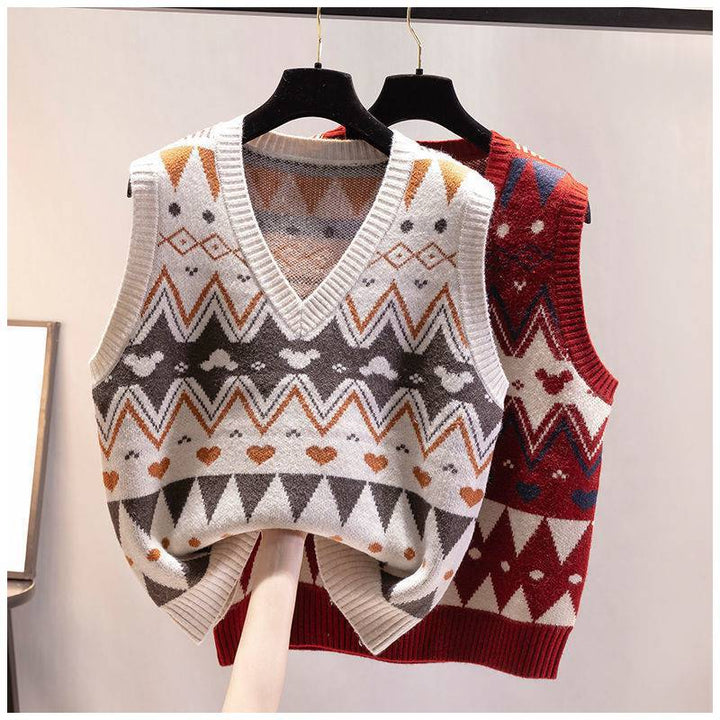 Damen Strickweste mit V-Ausschnitt und geometrischem Muster Drune