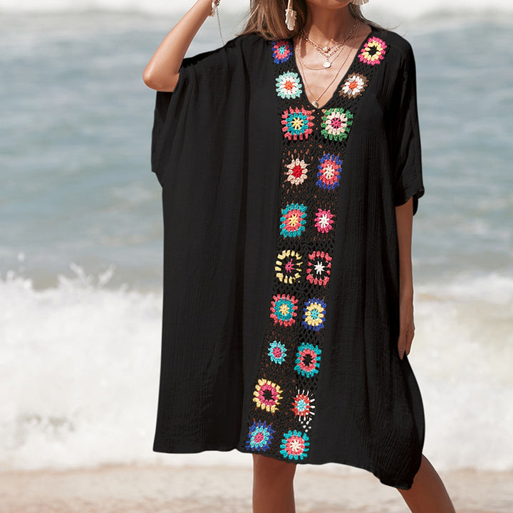 Damen Häkel-Strandtunika im lässigen Oversize-Stil mit bunten Applikationen Drune