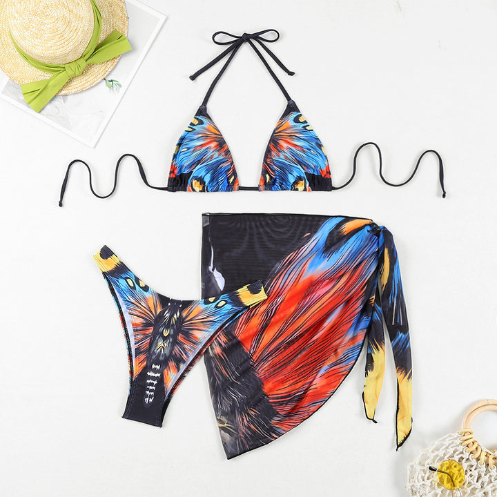Damen Triangel-Bikini-Set mit aufregendem Schmetterlingsdruck und passendem Pareo Drune