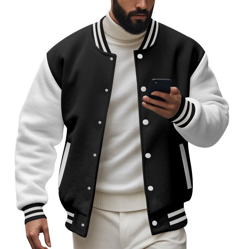 Herren nan College-Baseballjacke im Varsity-Stil mit Rippbündchen und Druckknopfleiste Drune