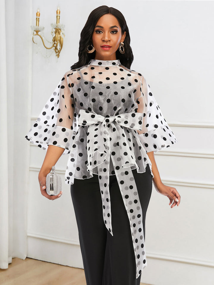 Damen Chiffonbluse mit transparentem Polka-Dots-Design und tailliertem Bindegürtel Drune