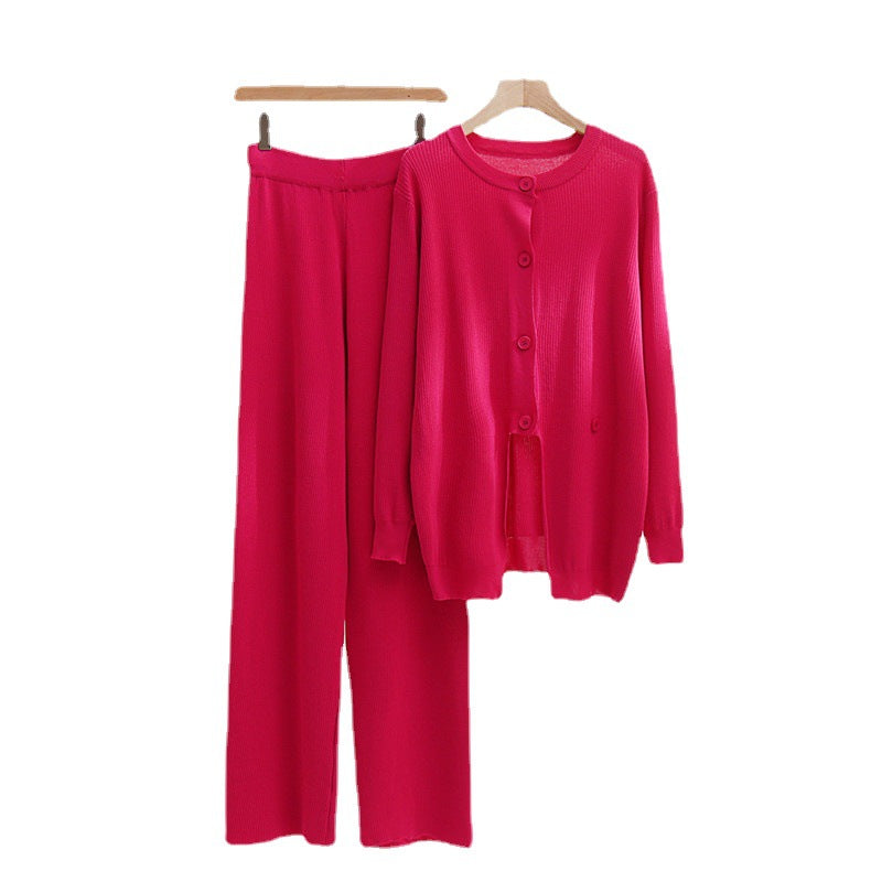 Damen strickendes Loungewear-Set mit feinem Rippmuster und herausragenden Knopfdetails Drune