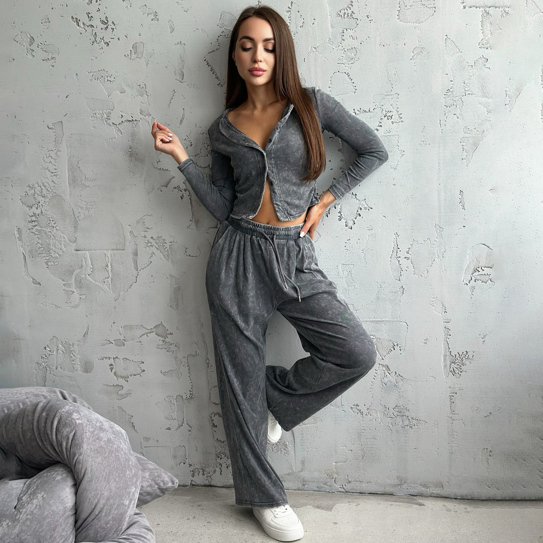 Damen Sportliches Freizeit-Set mit cropped Jacke und weiter Hose Drune