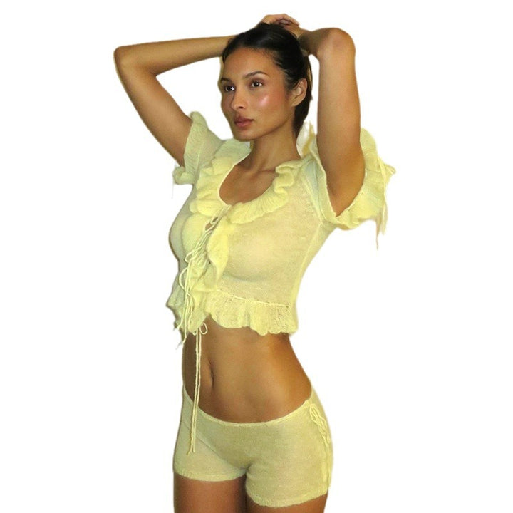 Damen Kurzarm Spitze Top mit Rüschen Drune