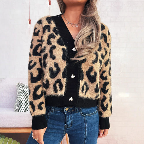 Damen oversized Strickjacke mit tierischem Leopardenmuster und knöpfbarem Design Drune