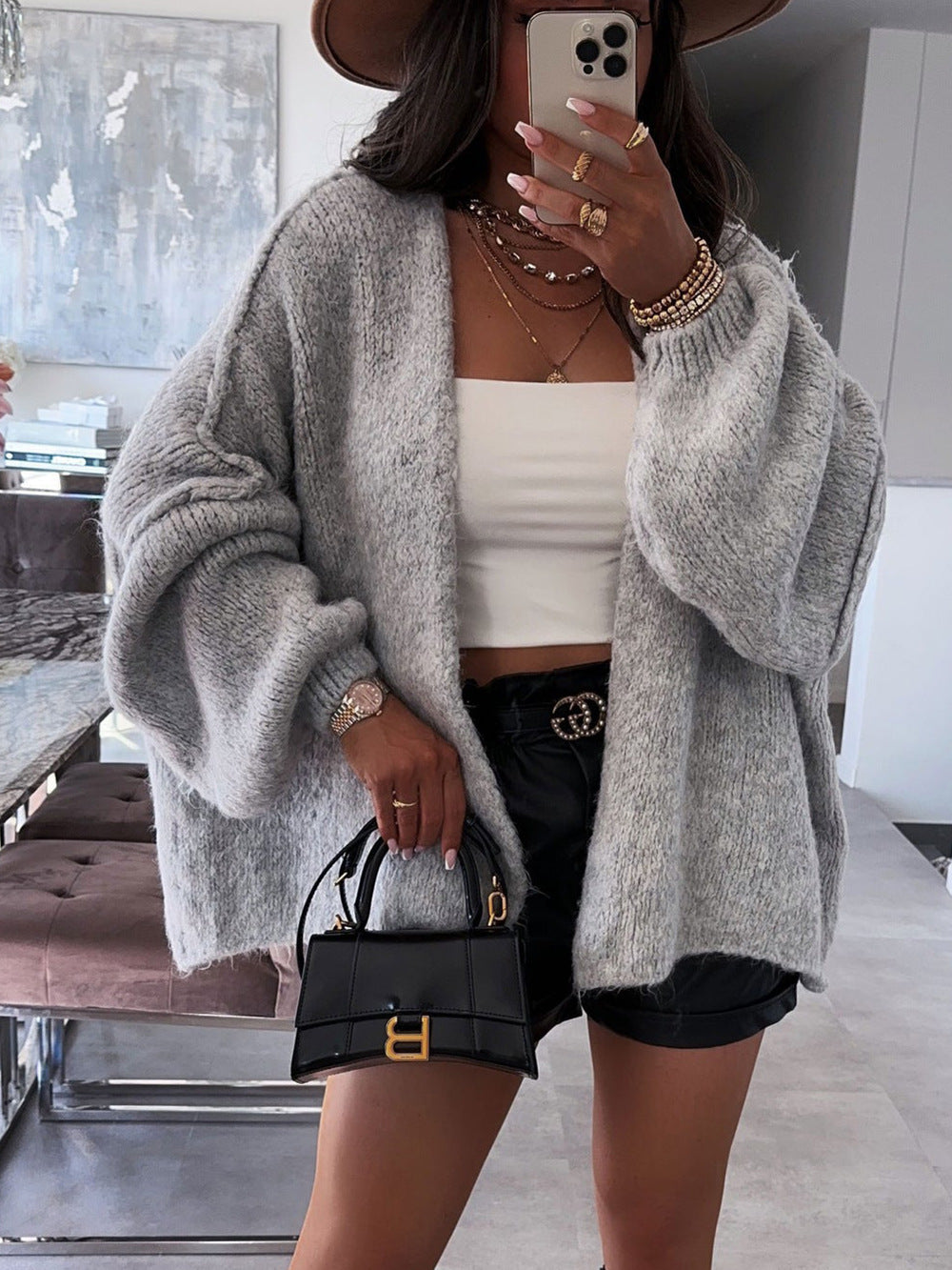 Damen oversized Strickjacke mit lässigen Ballonärmeln und strukturiertem Material Drune